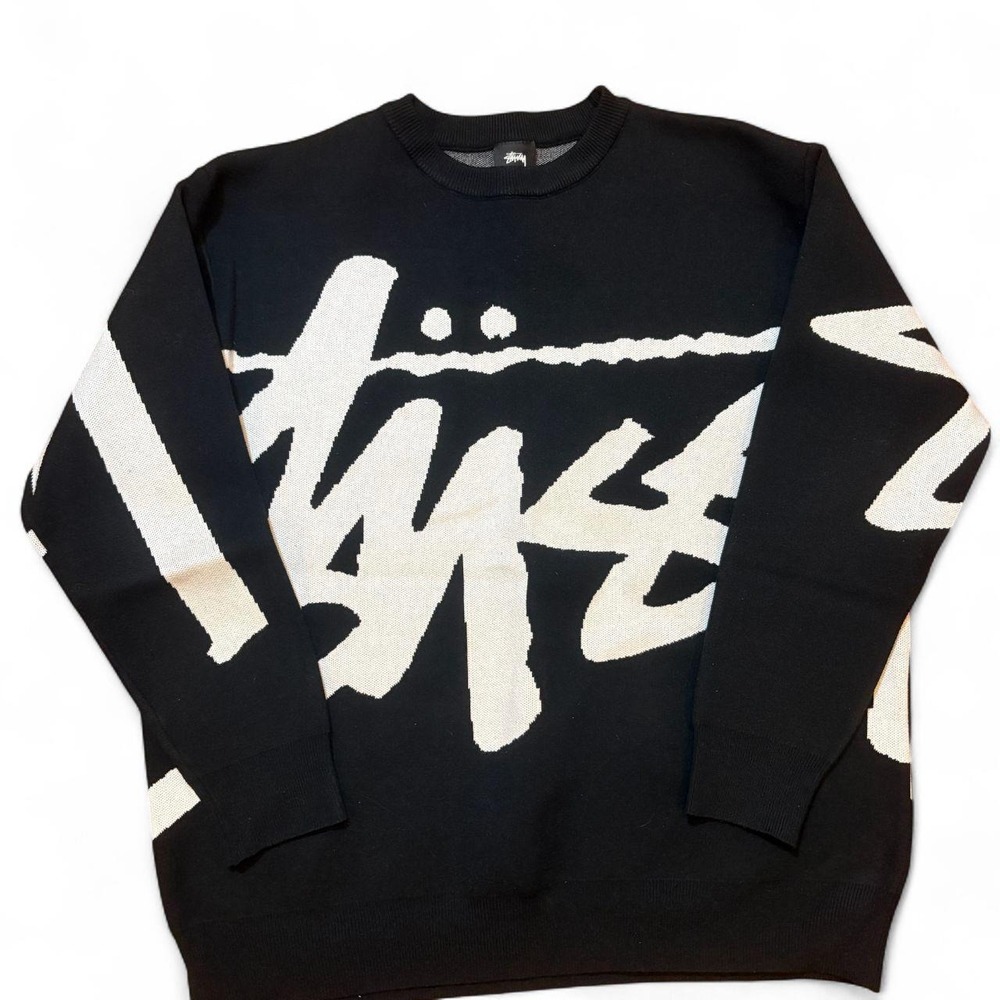 Stussy Big Logo Knit Sweater Mens Black White Oversized Script Crewneck